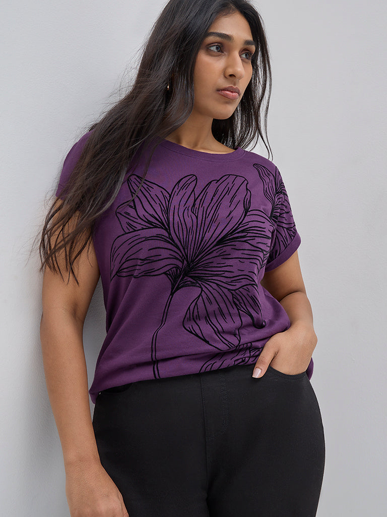 Gia Purple Floral Design Cotton T-Shirt