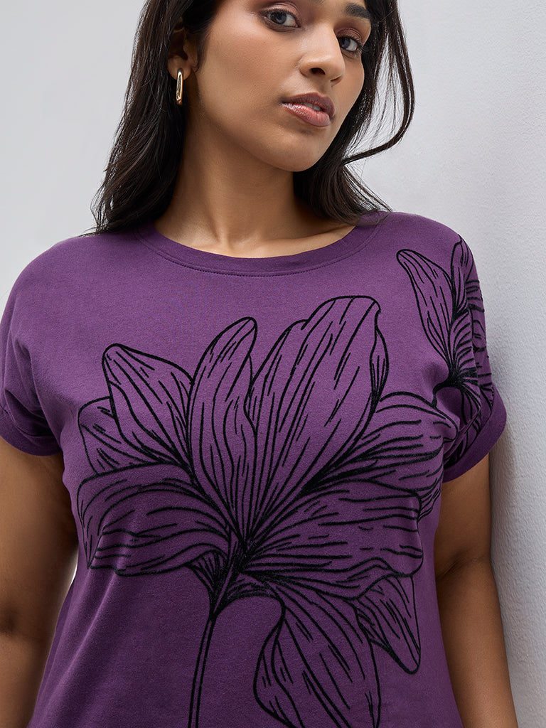 Gia Purple Floral Design Cotton T-Shirt