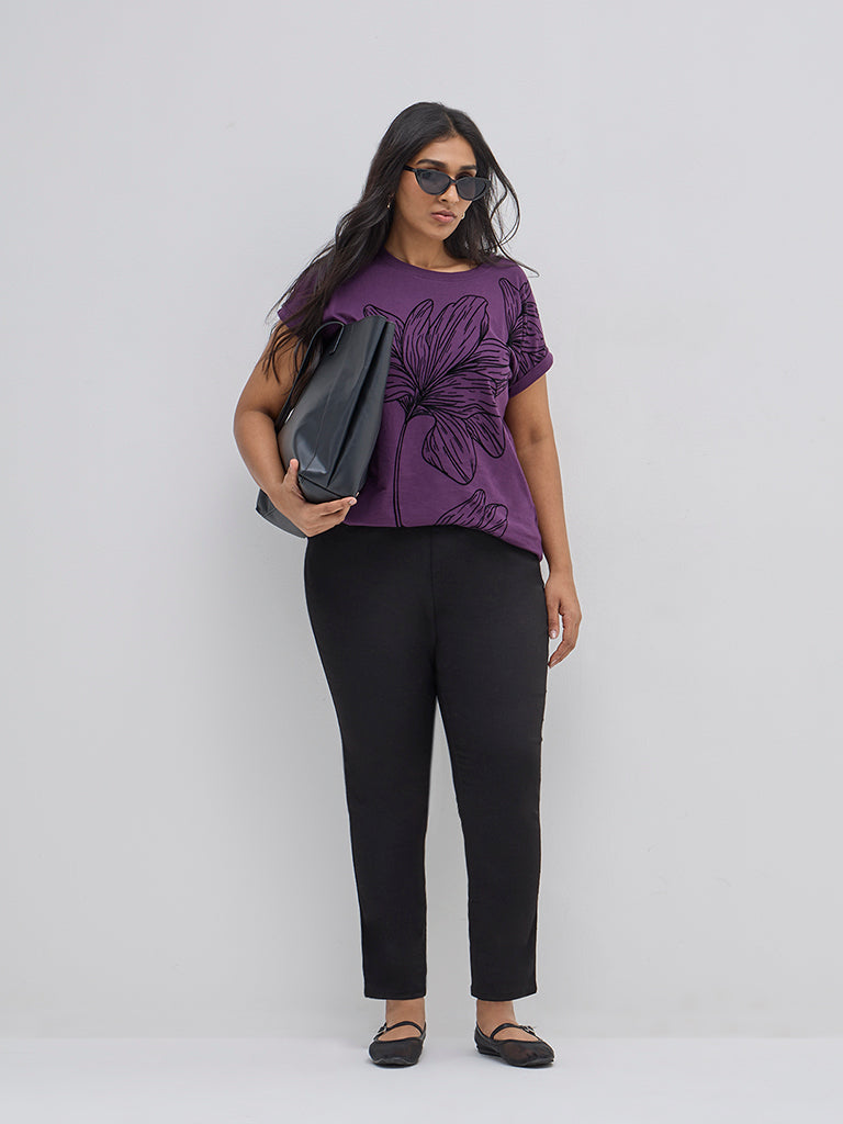 Gia Purple Floral Design Cotton T-Shirt