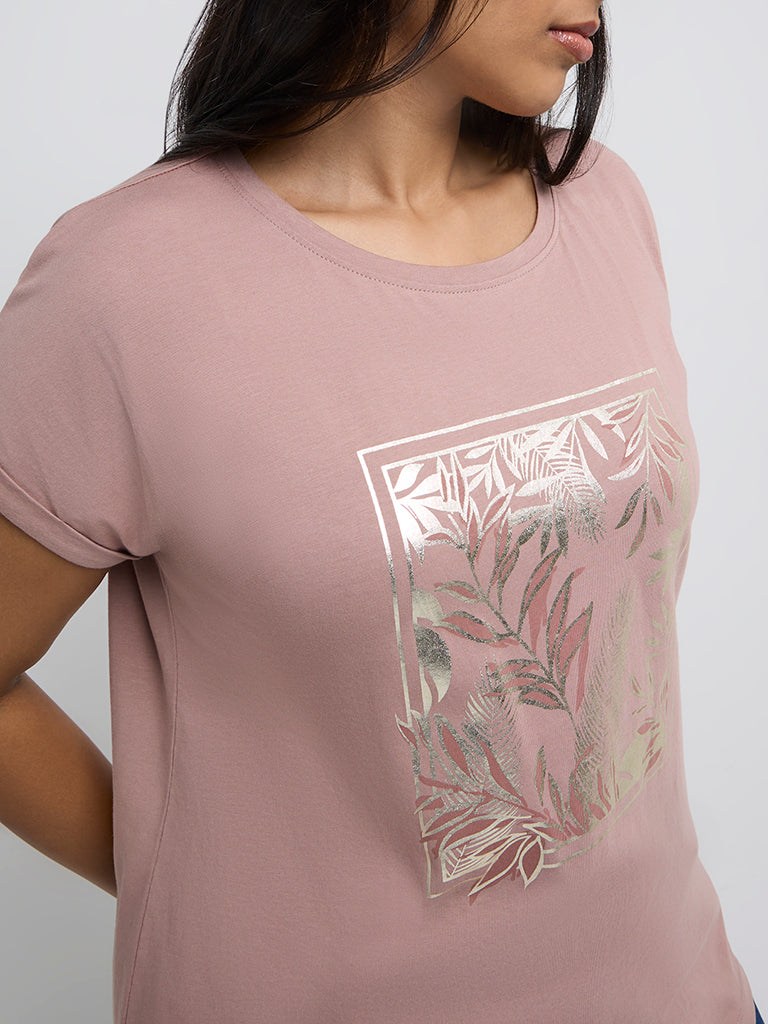 Gia Mauve Botanical Print Cotton T-Shirt