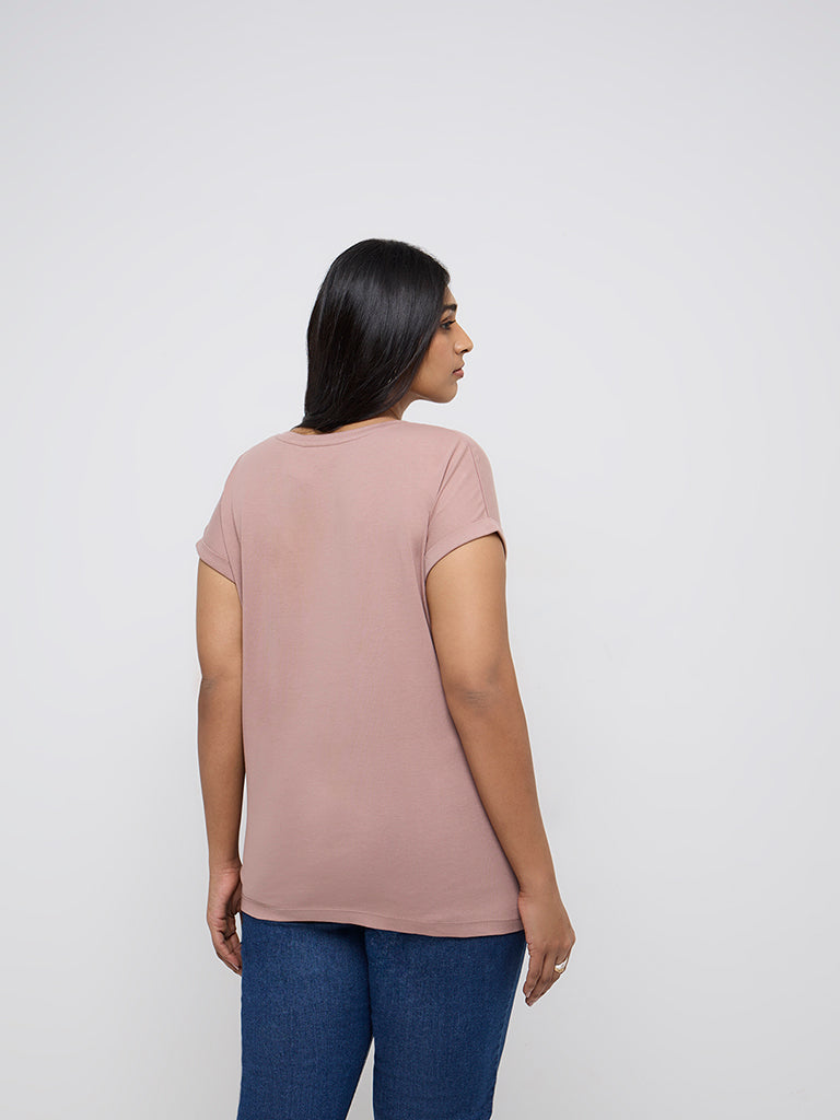 Gia Mauve Botanical Print Cotton T-Shirt