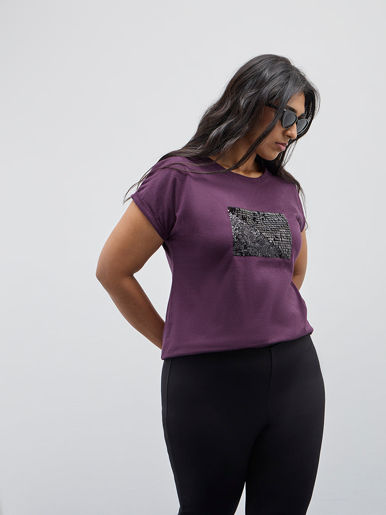 Gia Purple Sequined Cotton T-Shirt