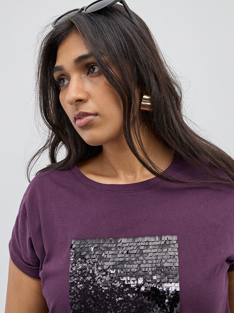 Gia Purple Sequined Cotton T-Shirt