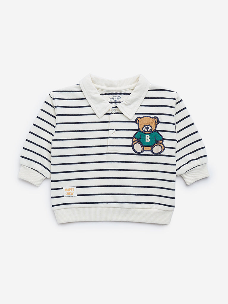 HOP Baby White Striped Cotton Blend Polo Sweatshirt