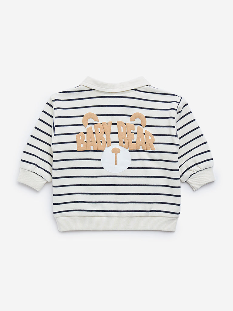 HOP Baby White Striped Cotton Blend Polo Sweatshirt