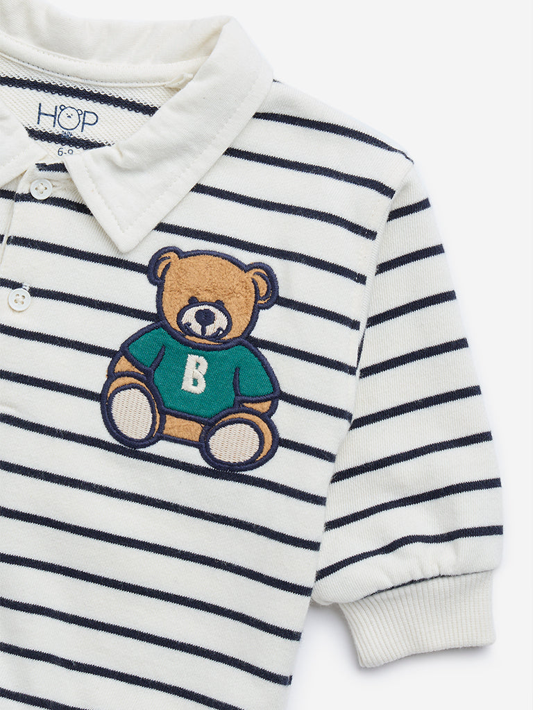 HOP Baby White Striped Cotton Blend Polo Sweatshirt