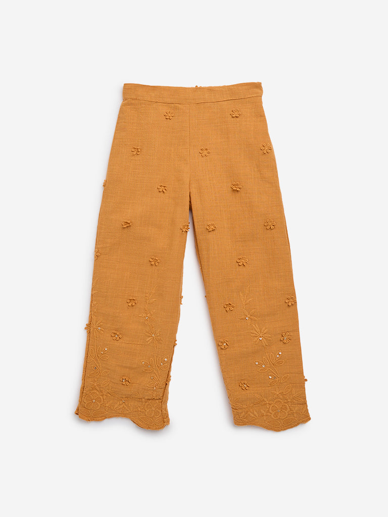 HOP Kids Mustard Embroidered High-Rise Cotton Trousers