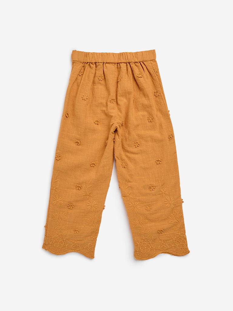 HOP Kids Mustard Embroidered High-Rise Cotton Trousers