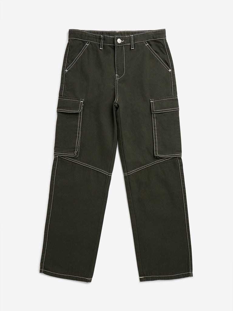 Y&F Kids Olive Cargo-Style Mid-Rise Cotton Trousers