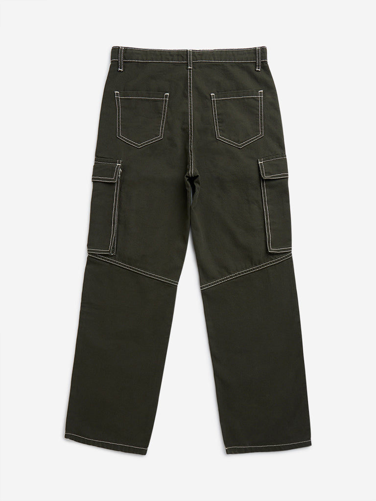 Y&F Kids Olive Cargo-Style Mid-Rise Cotton Trousers