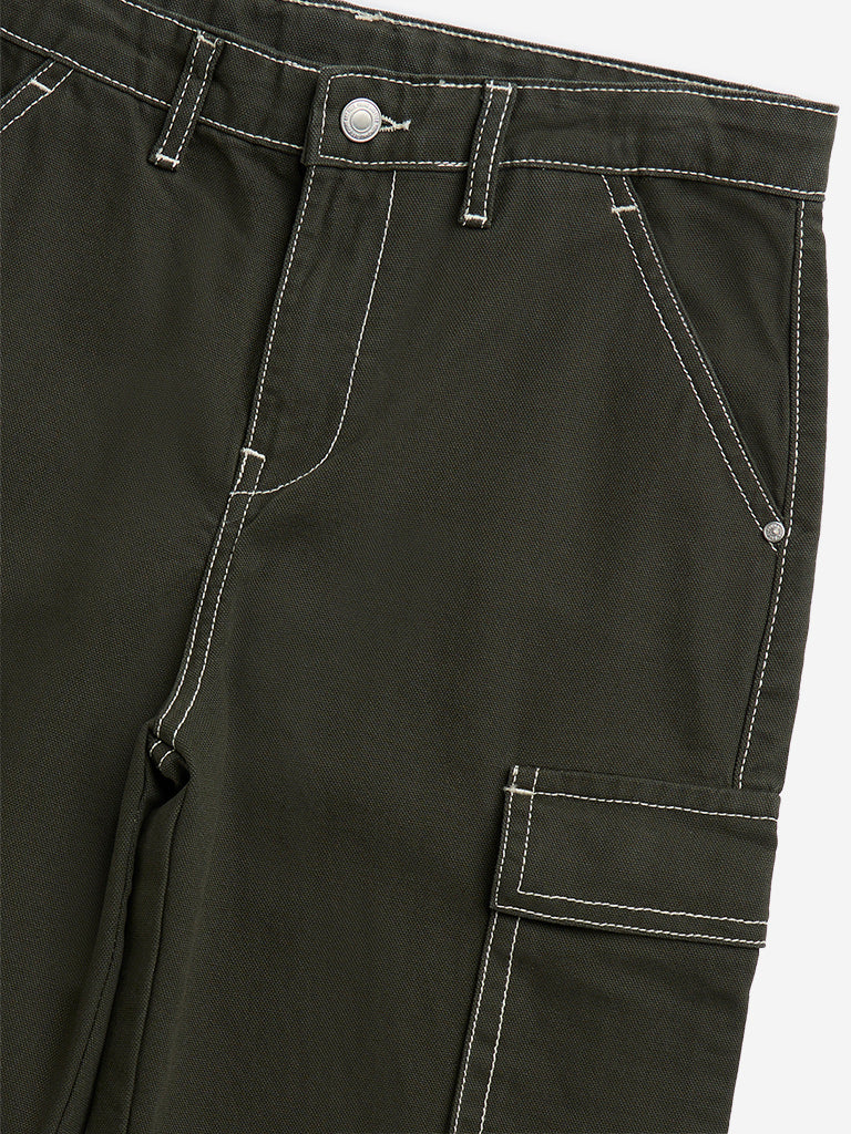 Y&F Kids Olive Cargo-Style Mid-Rise Cotton Trousers