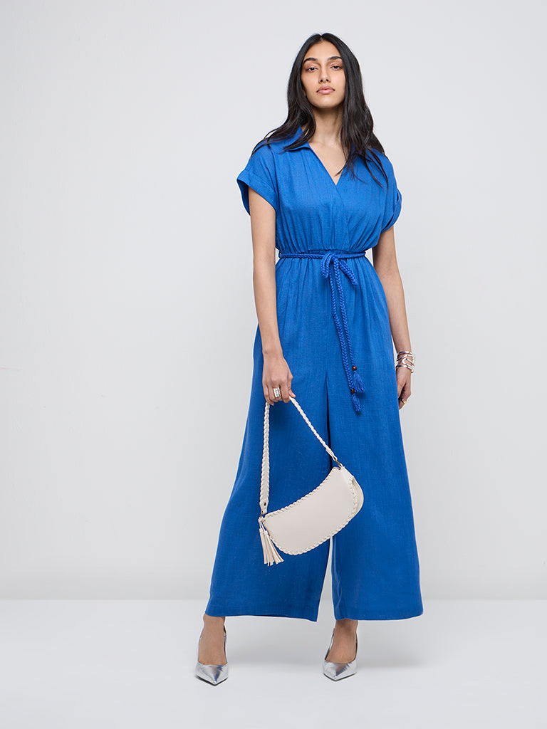 LOV Blue Solid Linen-Blend Jumpsuit with Belt