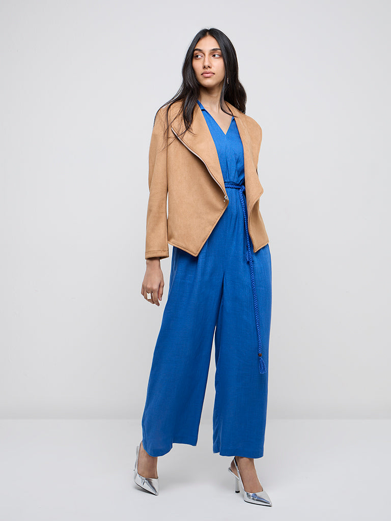 LOV Blue Solid Linen-Blend Jumpsuit with Belt