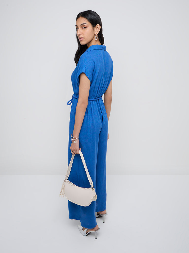 LOV Blue Solid Linen-Blend Jumpsuit with Belt