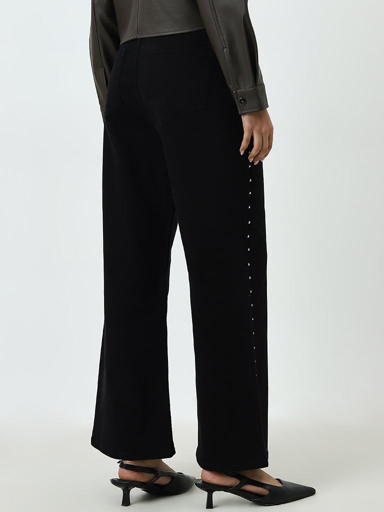 LOV Black Embellished Wide Leg - Fit High - Rise Jeans