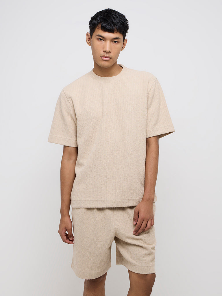 Studiofit Taupe Knit-Textured Relaxed-Fit T-Shirt