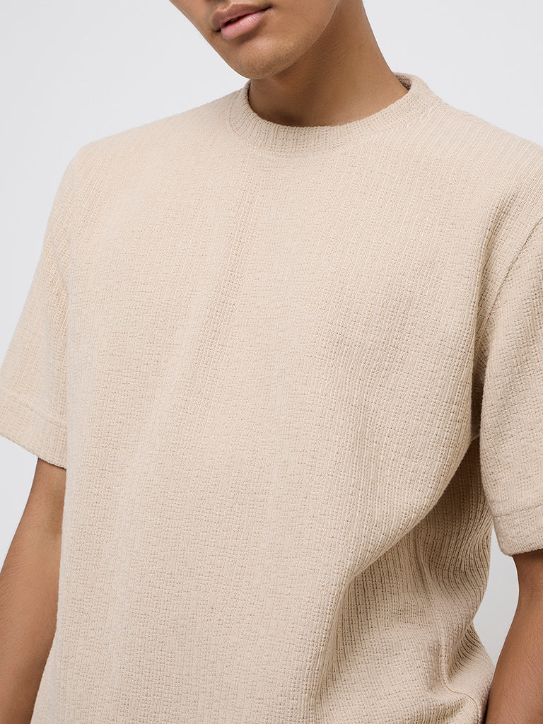 Studiofit Taupe Knit-Textured Relaxed-Fit T-Shirt