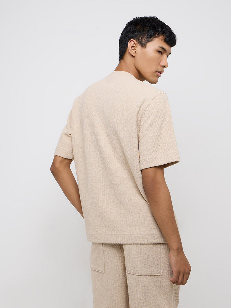 Studiofit Taupe Knit-Textured Relaxed-Fit T-Shirt