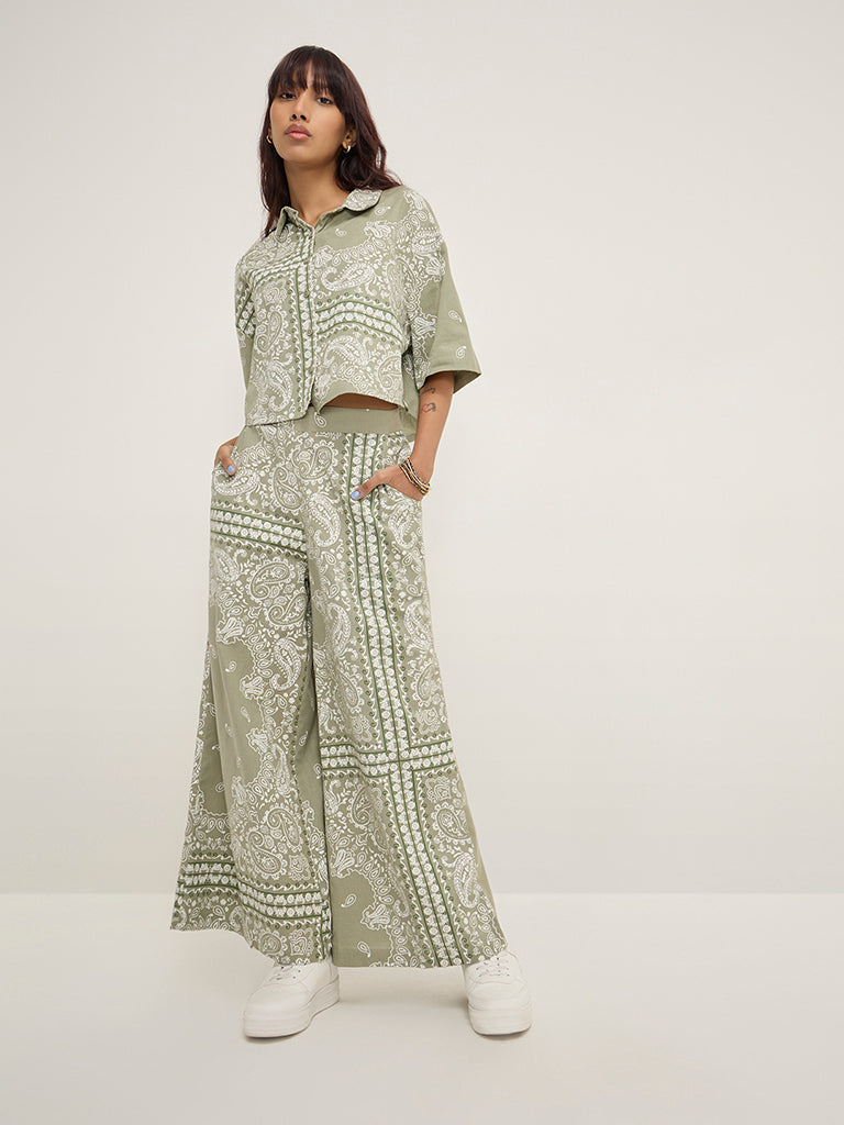 Bombay Paisley Sage Paisley Printed High-Rise Wide Leg Cotton-Blend Pants