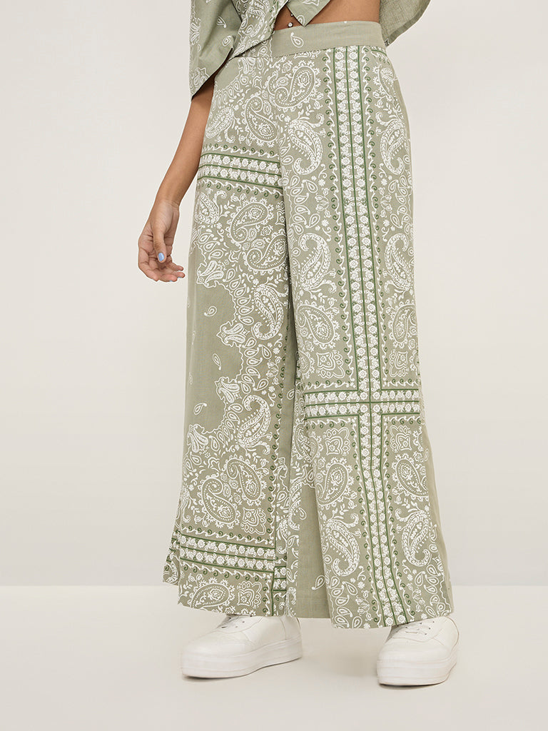 Bombay Paisley Sage Paisley Printed High-Rise Wide Leg Cotton-Blend Pants