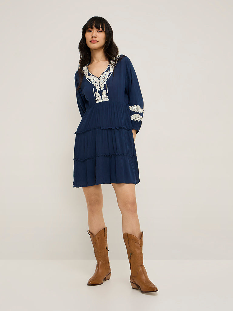 Bombay Paisley Navy Embroidered Tiered Dress