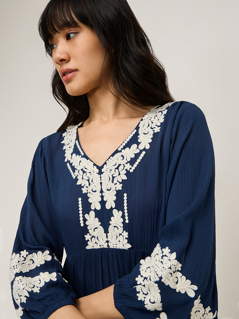 Bombay Paisley Navy Embroidered Tiered Dress