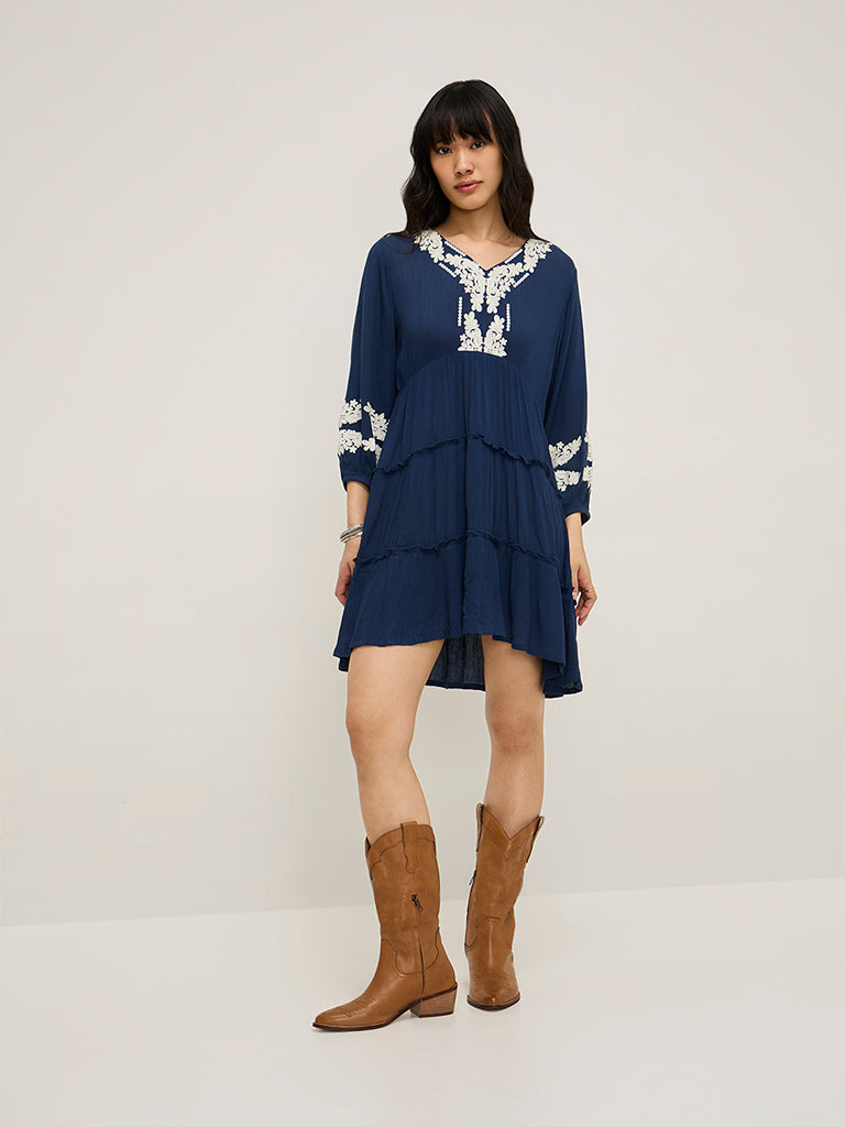 Bombay Paisley Navy Embroidered Tiered Dress