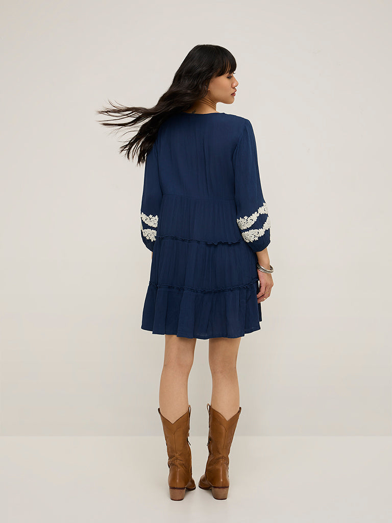 Bombay Paisley Navy Embroidered Tiered Dress