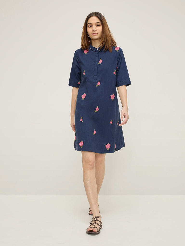 Bombay Paisley Navy Floral Embroidered Cotton Shirt Dress