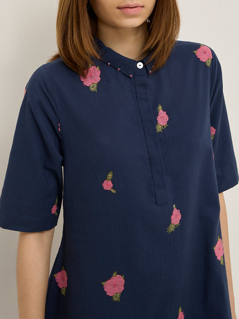 Bombay Paisley Navy Floral Embroidered Cotton Shirt Dress