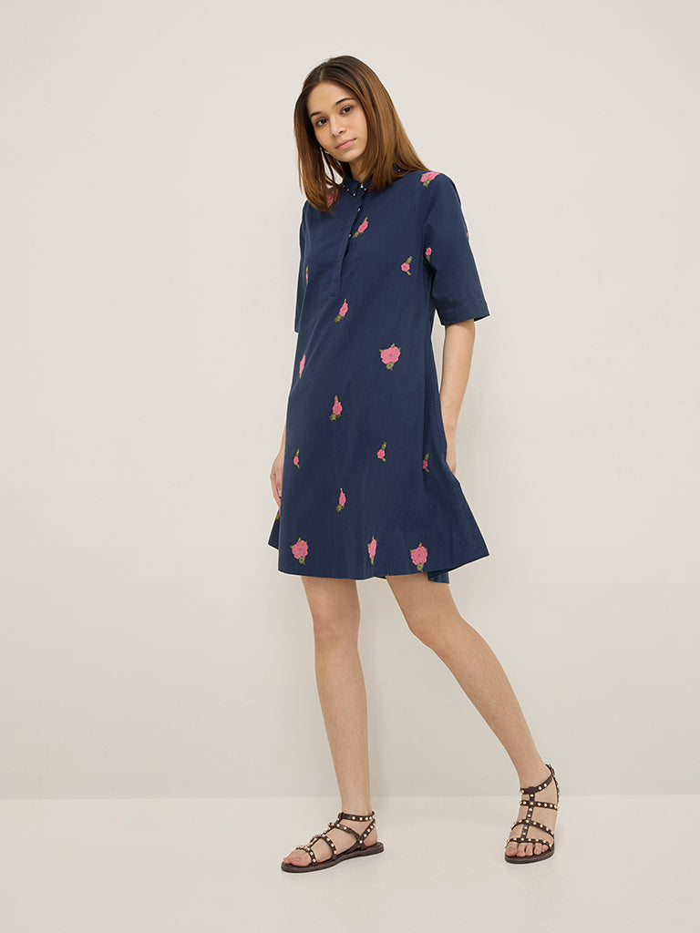 Bombay Paisley Navy Floral Embroidered Cotton Shirt Dress