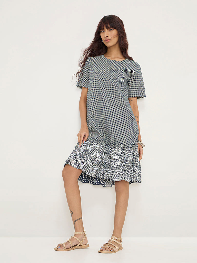 Bombay Paisley Navy Checkered Drop Waist Cotton Dress