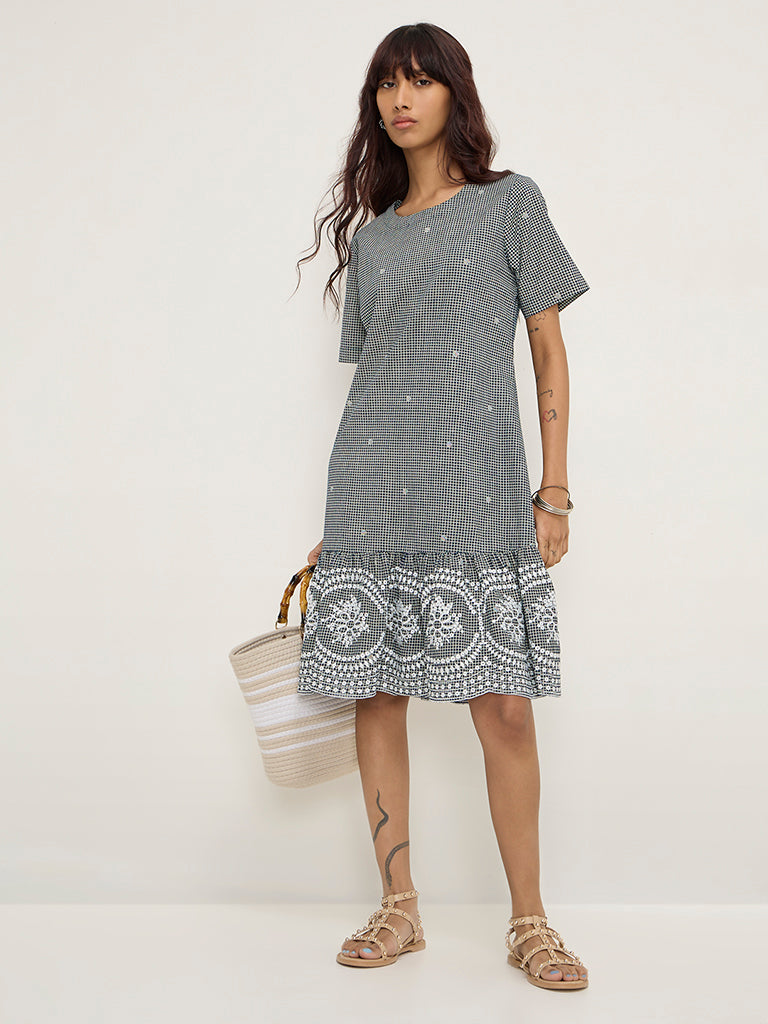 Bombay Paisley Navy Checkered Drop Waist Cotton Dress