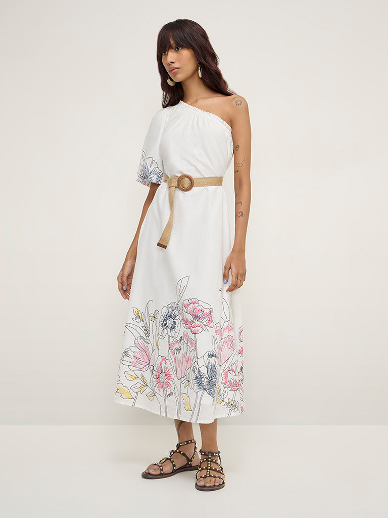 Bombay Paisley White Floral Print One-Shoulder Cotton Dress