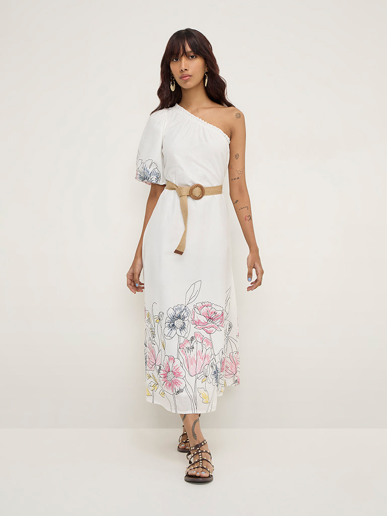 Bombay Paisley White Floral Print One-Shoulder Cotton Dress