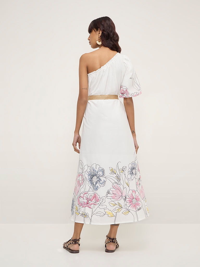 Bombay Paisley White Floral Print One-Shoulder Cotton Dress