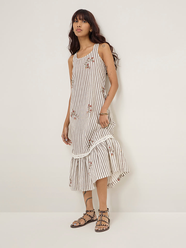 Bombay Paisley Off-White Striped Drop Waist Cotton Blend Dress