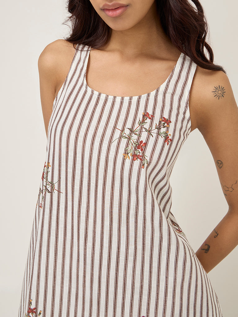 Bombay Paisley Off-White Striped Drop Waist Cotton Blend Dress