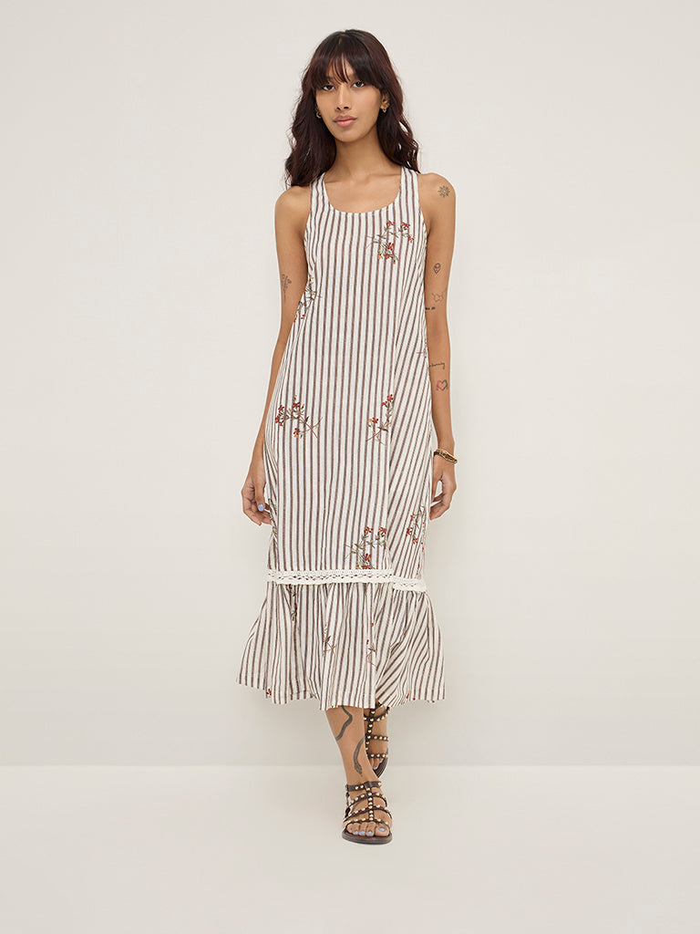 Bombay Paisley Off-White Striped Drop Waist Cotton Blend Dress