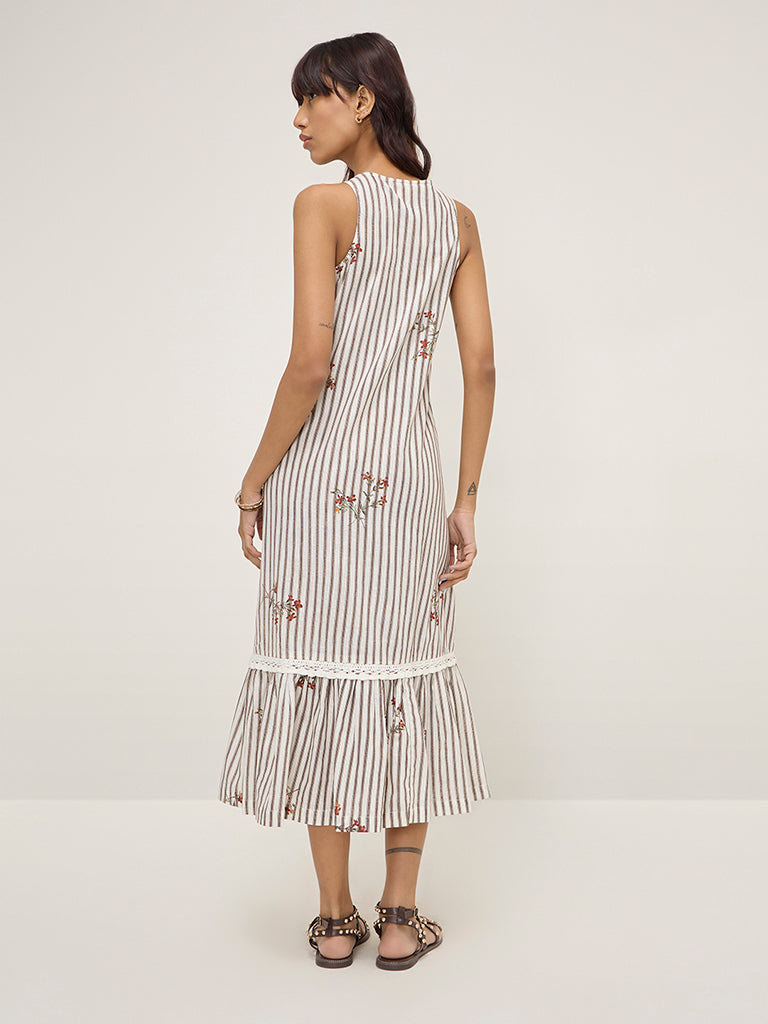 Bombay Paisley Off-White Striped Drop Waist Cotton Blend Dress