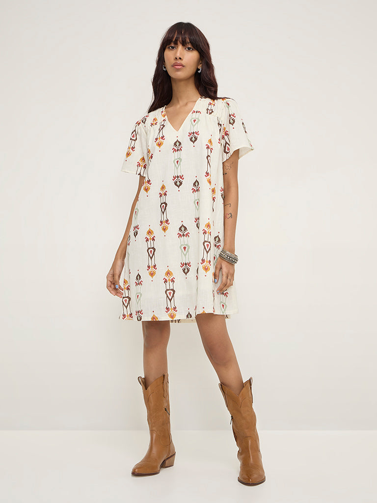 Bombay Paisley Off-White Ikat Printed Cotton A-Line Dress