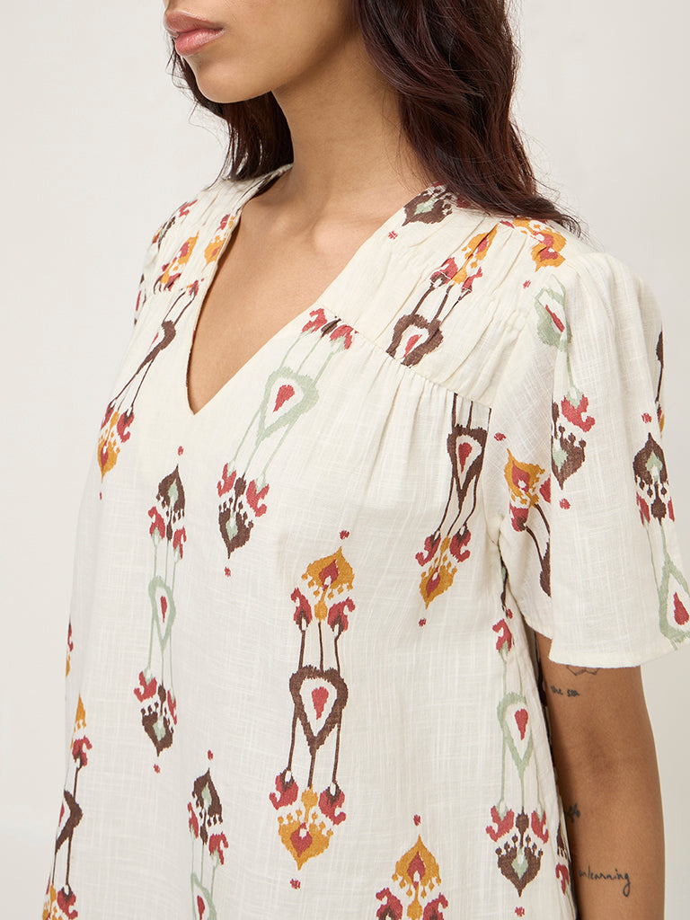 Bombay Paisley Off-White Ikat Printed Cotton A-Line Dress