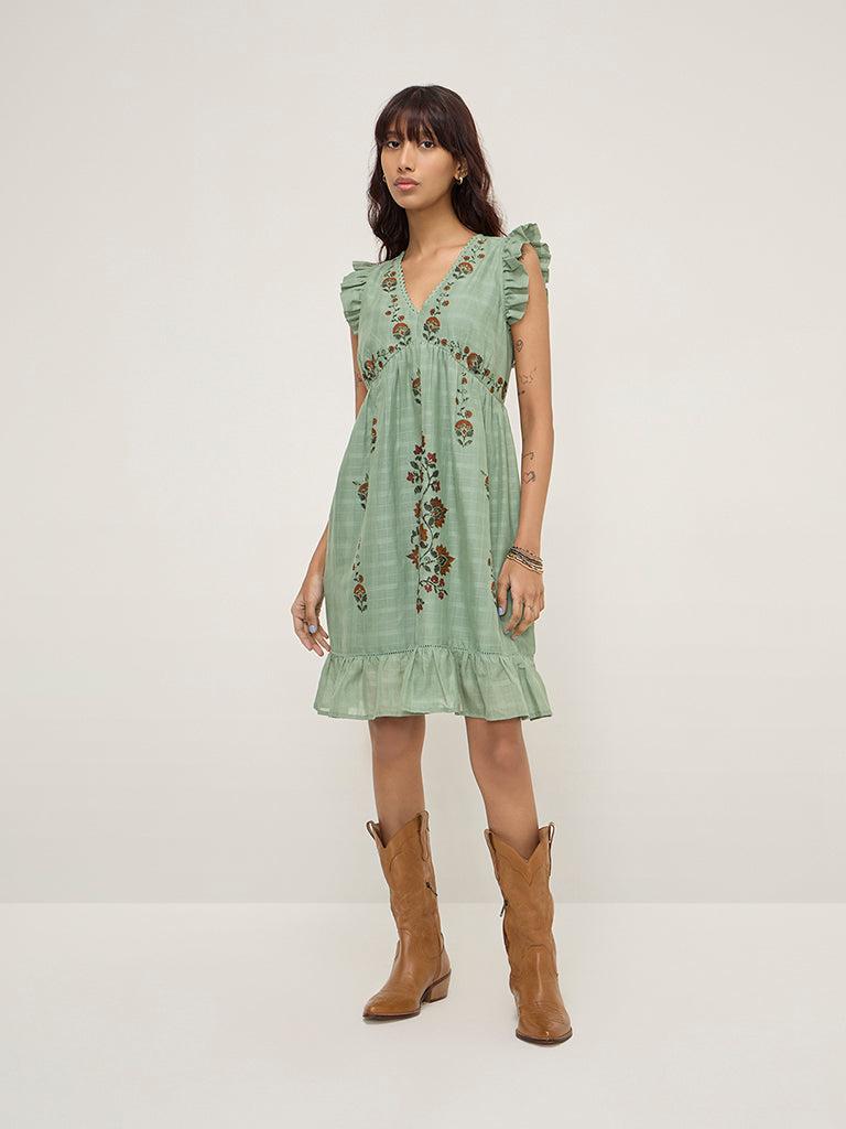 Bombay Paisley Sage Floral Printed A-Line Cotton Dress