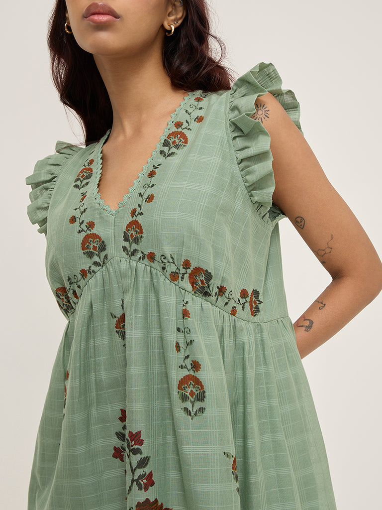 Bombay Paisley Sage Floral Printed A-Line Cotton Dress