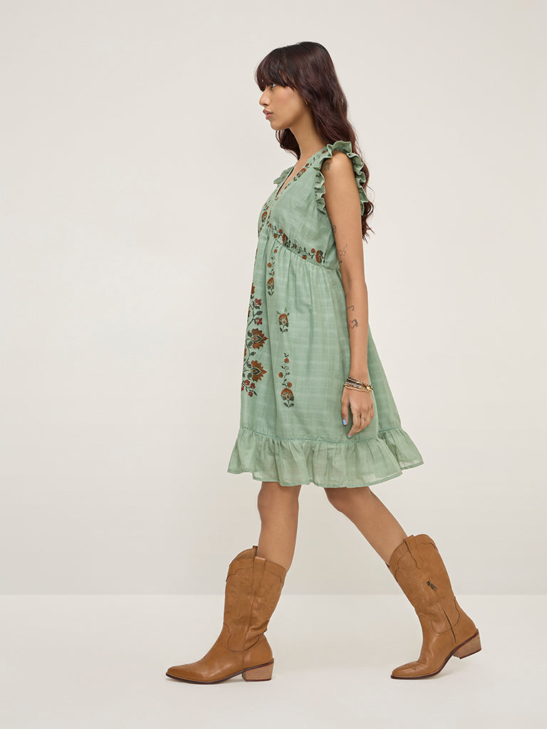 Bombay Paisley Sage Floral Printed A-Line Cotton Dress