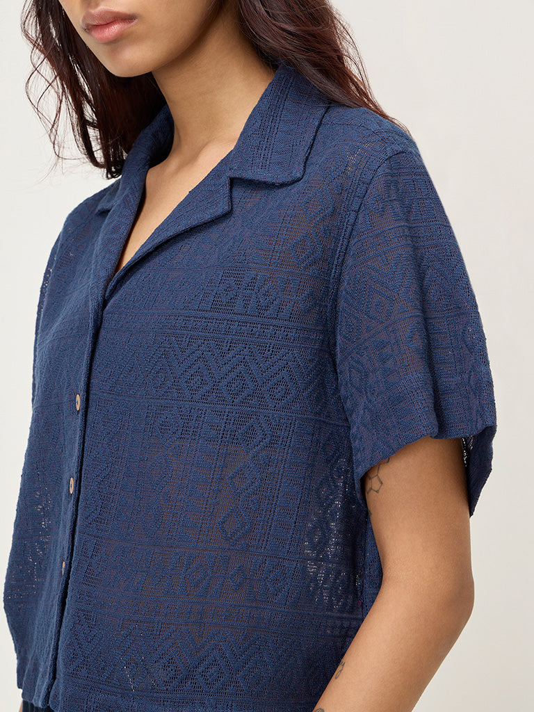 Bombay Paisley Navy Knit-Textured Cotton Blend Shirt