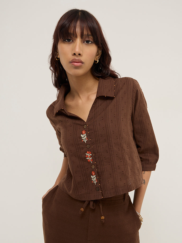 Bombay Paisley Brown Floral Embroidered Cotton Shirt