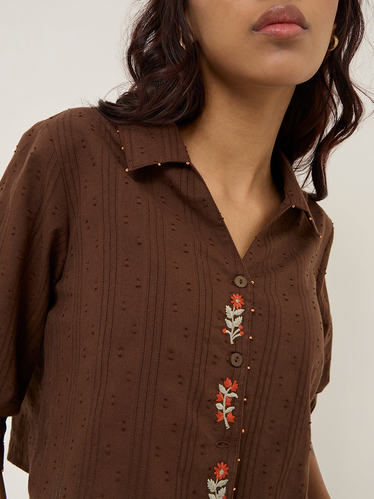 Bombay Paisley Brown Floral Embroidered Cotton Shirt