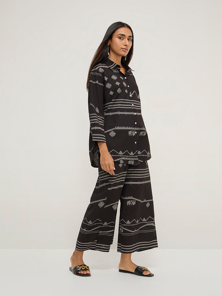 Utsa Black Ikat Printed Ethnic Cotton Blend Tunic