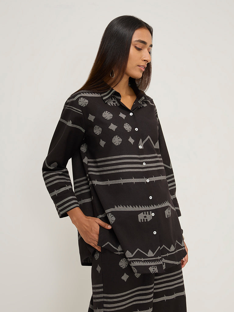 Utsa Black Ikat Printed Ethnic Cotton Blend Tunic